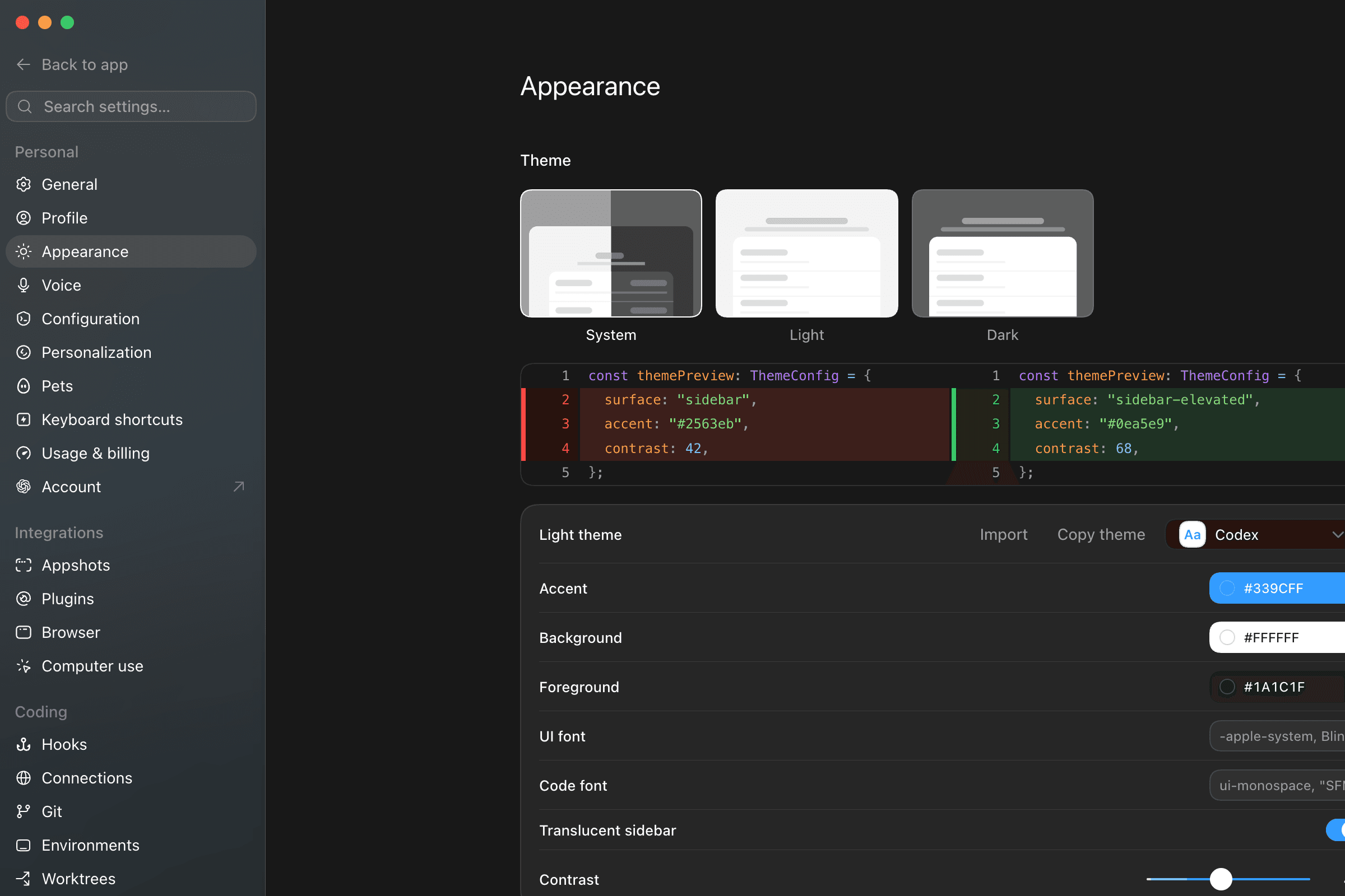 Codex Settings with Appearance selected in the sidebar