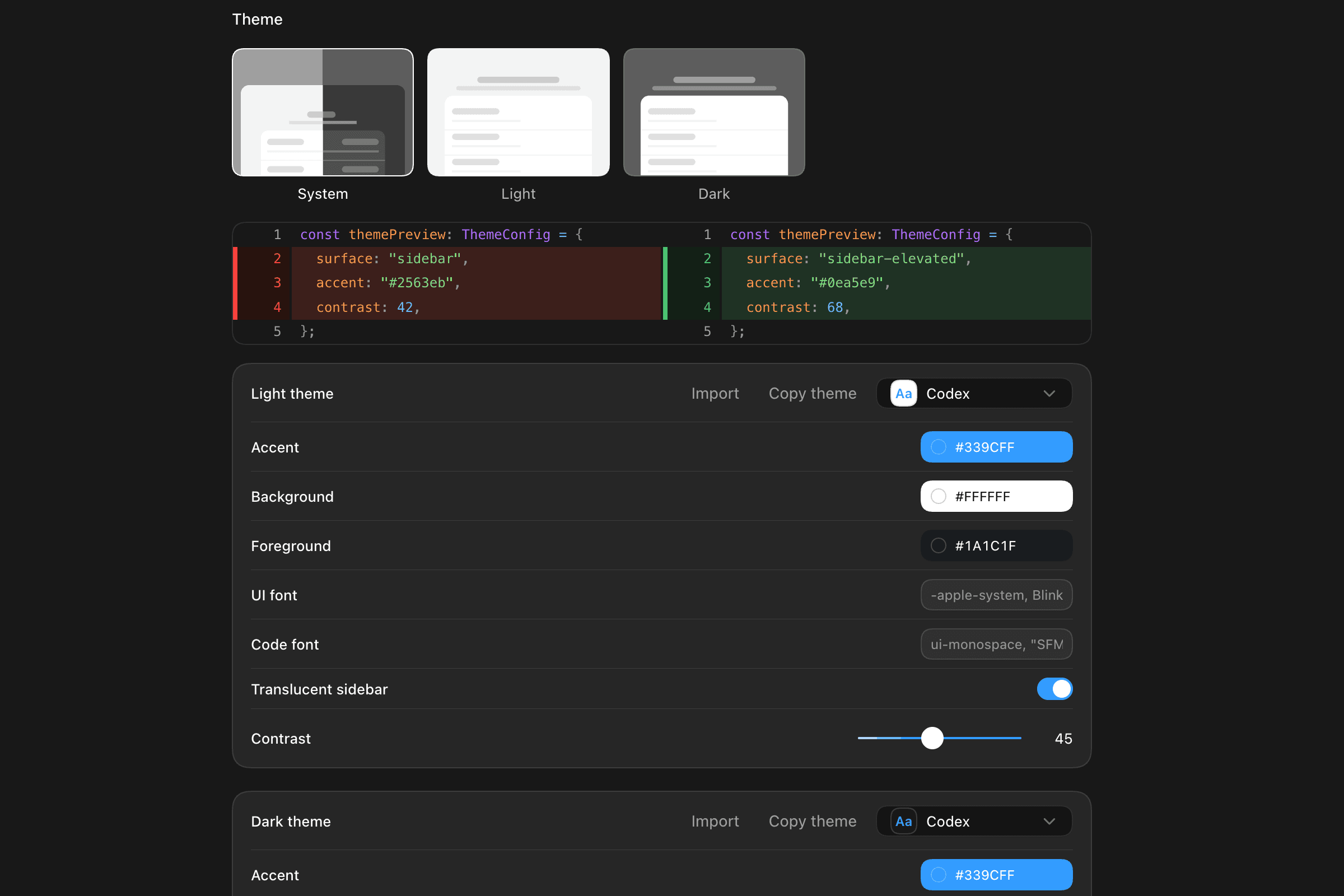 Codex Appearance settings with separate Light theme and Dark theme Import buttons