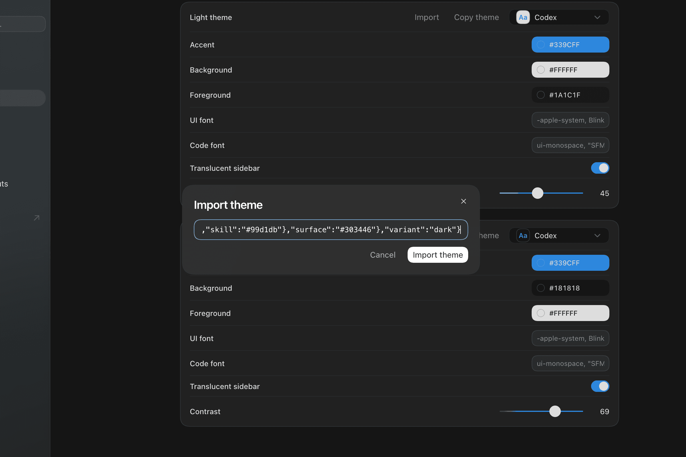Codex theme import dialog with a theme string pasted in